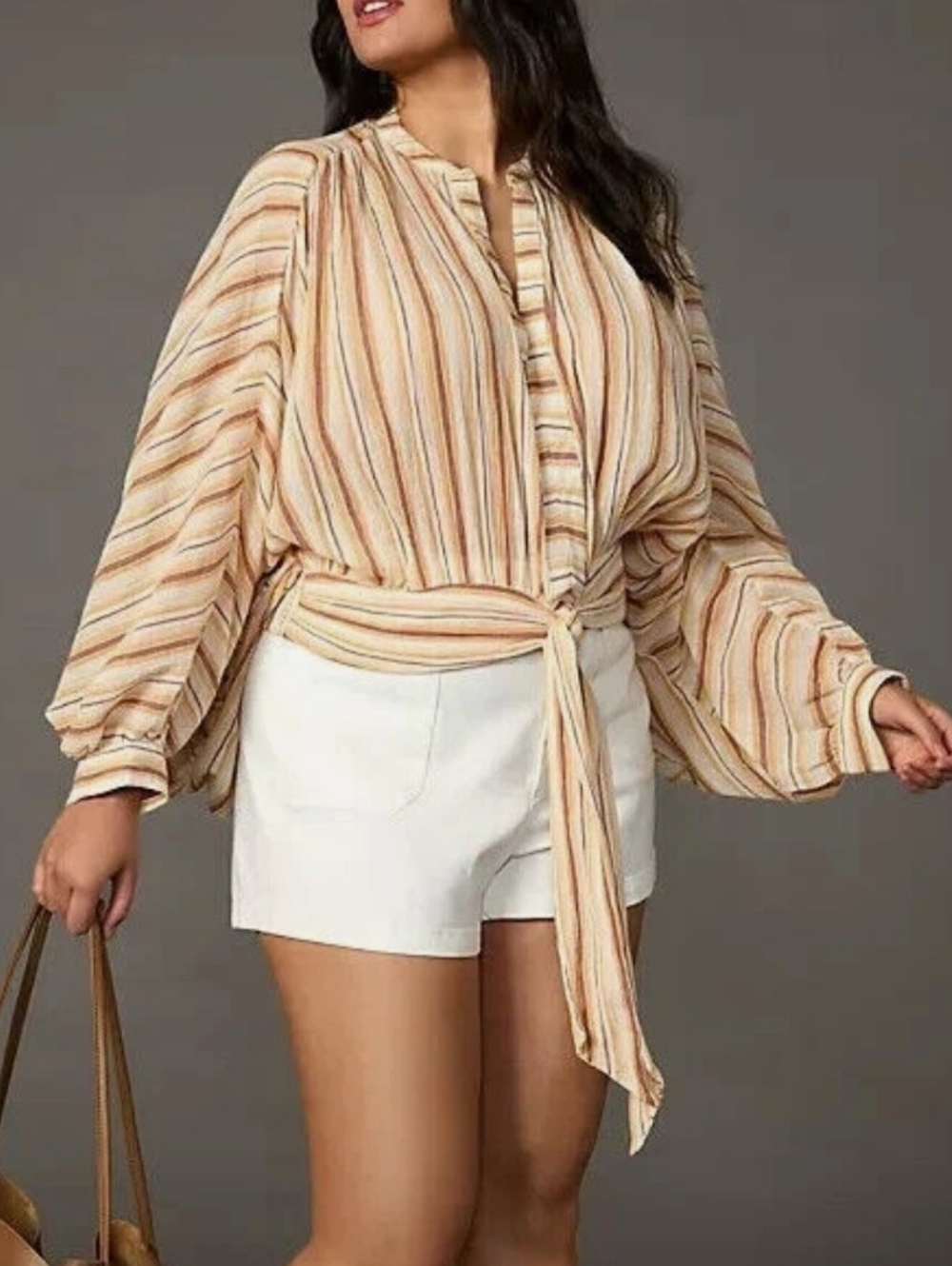 Anthropologie Women's Top Tie Front Blouse Neutral Motif Blouse